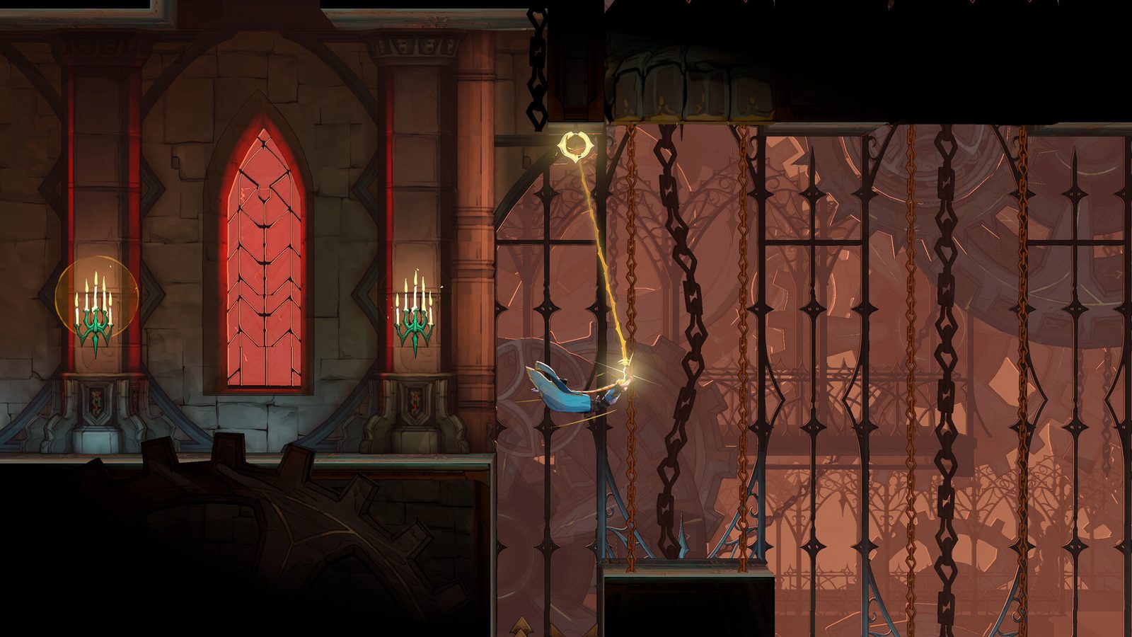 Castlevania: Belmont's Curse screenshot: Rose swinging from a grapple point with her whip among hanging chains