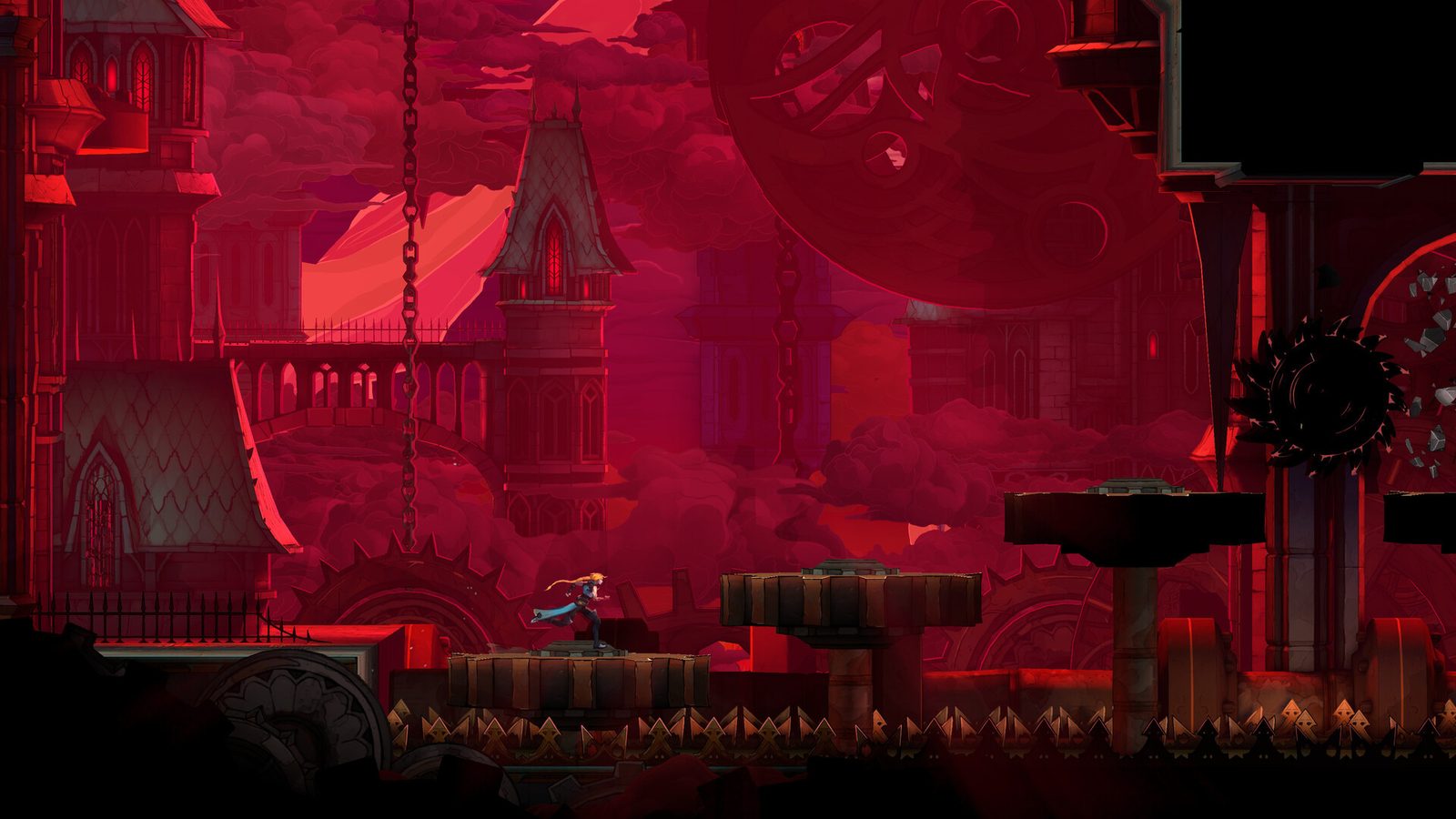 Castlevania: Belmont's Curse screenshot: Rose on a castle walkway under a red sky