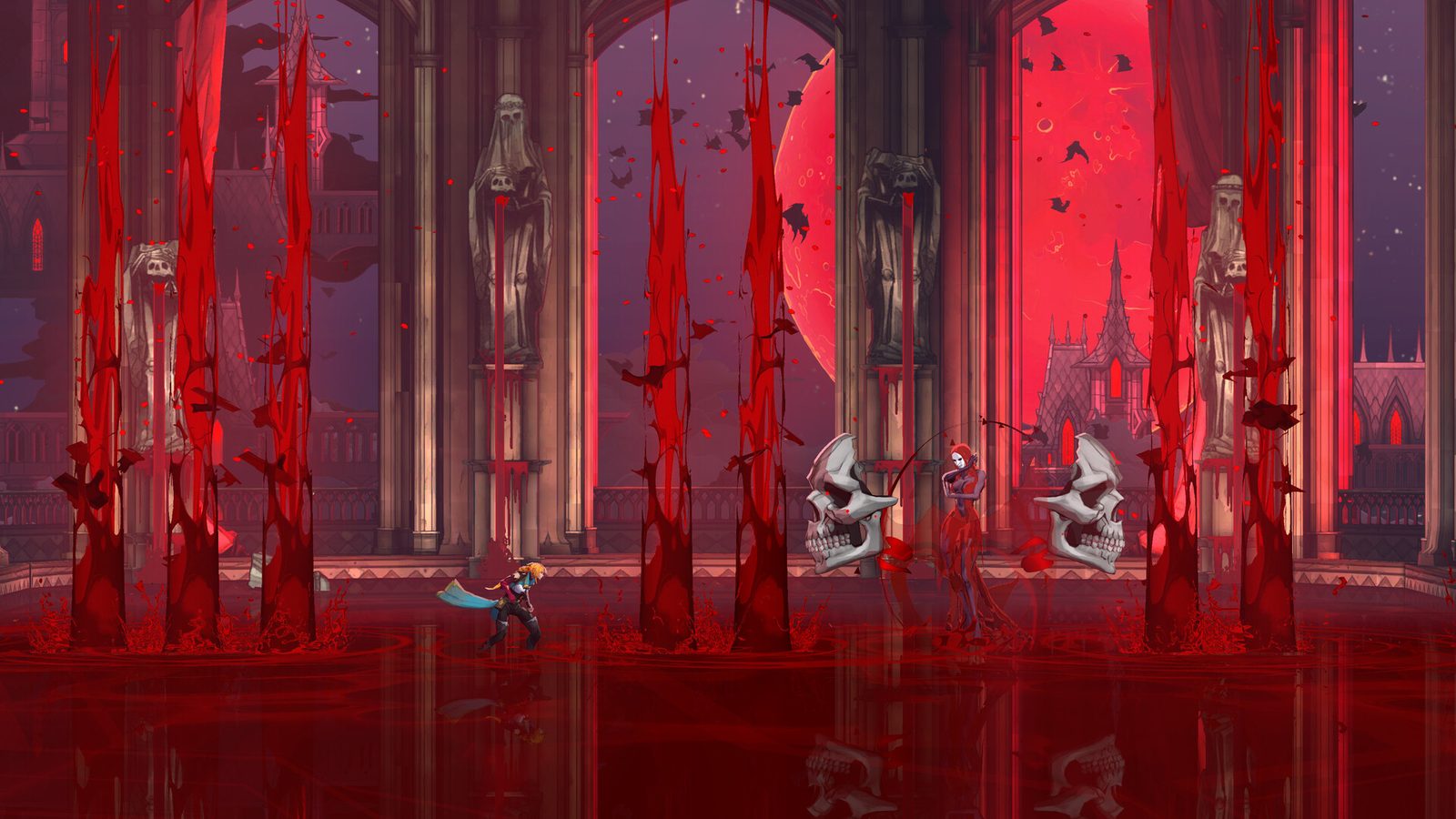 Castlevania: Belmont's Curse screenshot: Rose in a blood-red hall with spikes and giant skulls